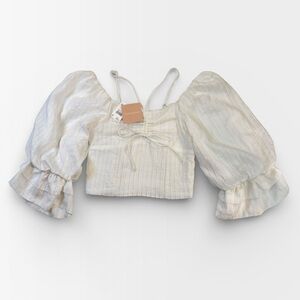 NWT Versona Charmed Hearts White Long Sleeve Ruffle Puff Sleeve Crop Top XSMALL